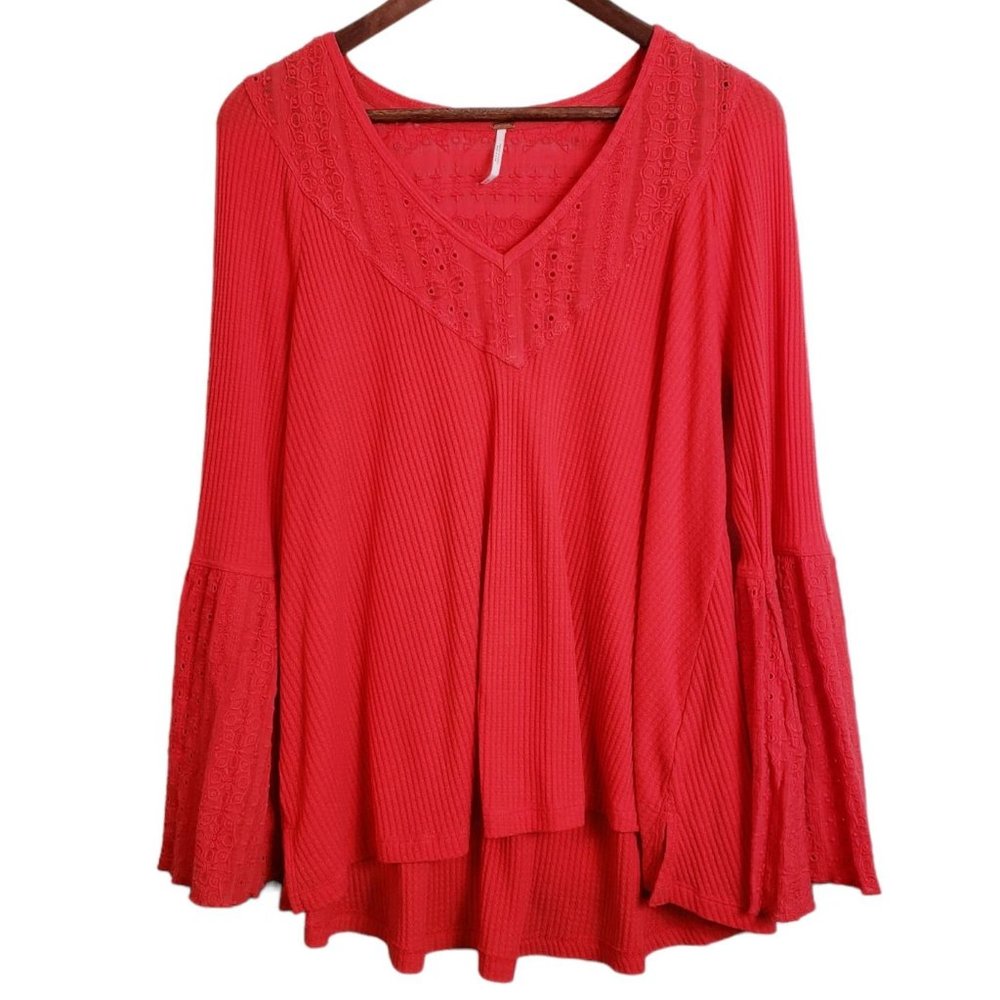 Free People Womens M Top Red Flared Sleeve Eyelet Embroidered V-Neck Blouse - Picture 1 of 12